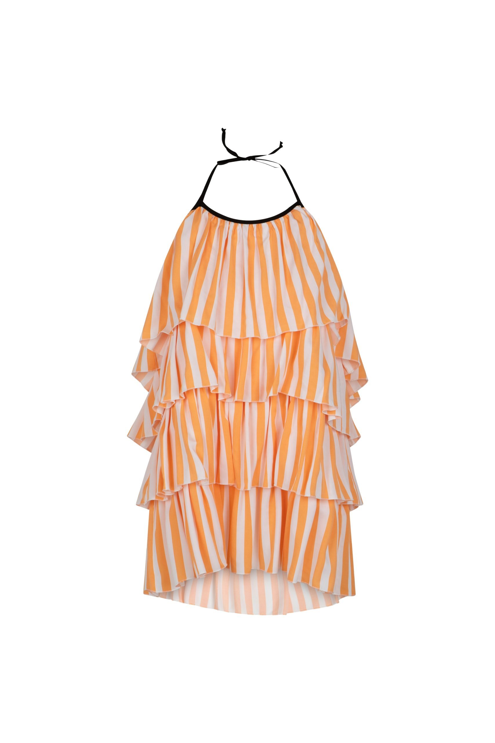 pomarańczowa sukienka z falbanami w paski
