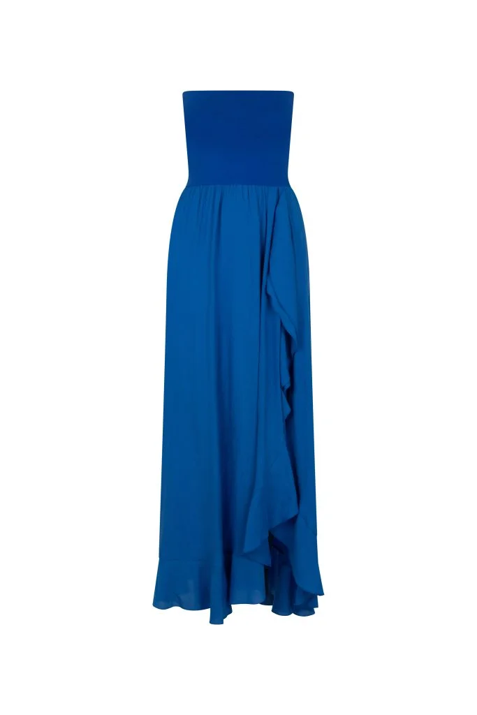 modrakowa sukienka z rozcięciem