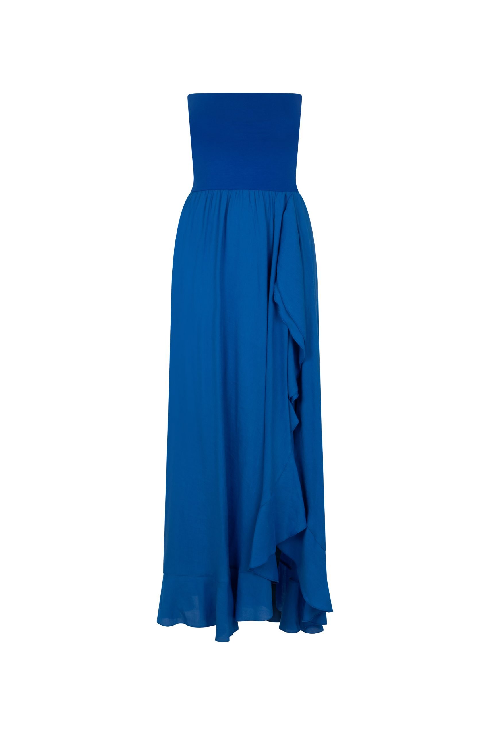 modrakowa sukienka z rozcięciem
