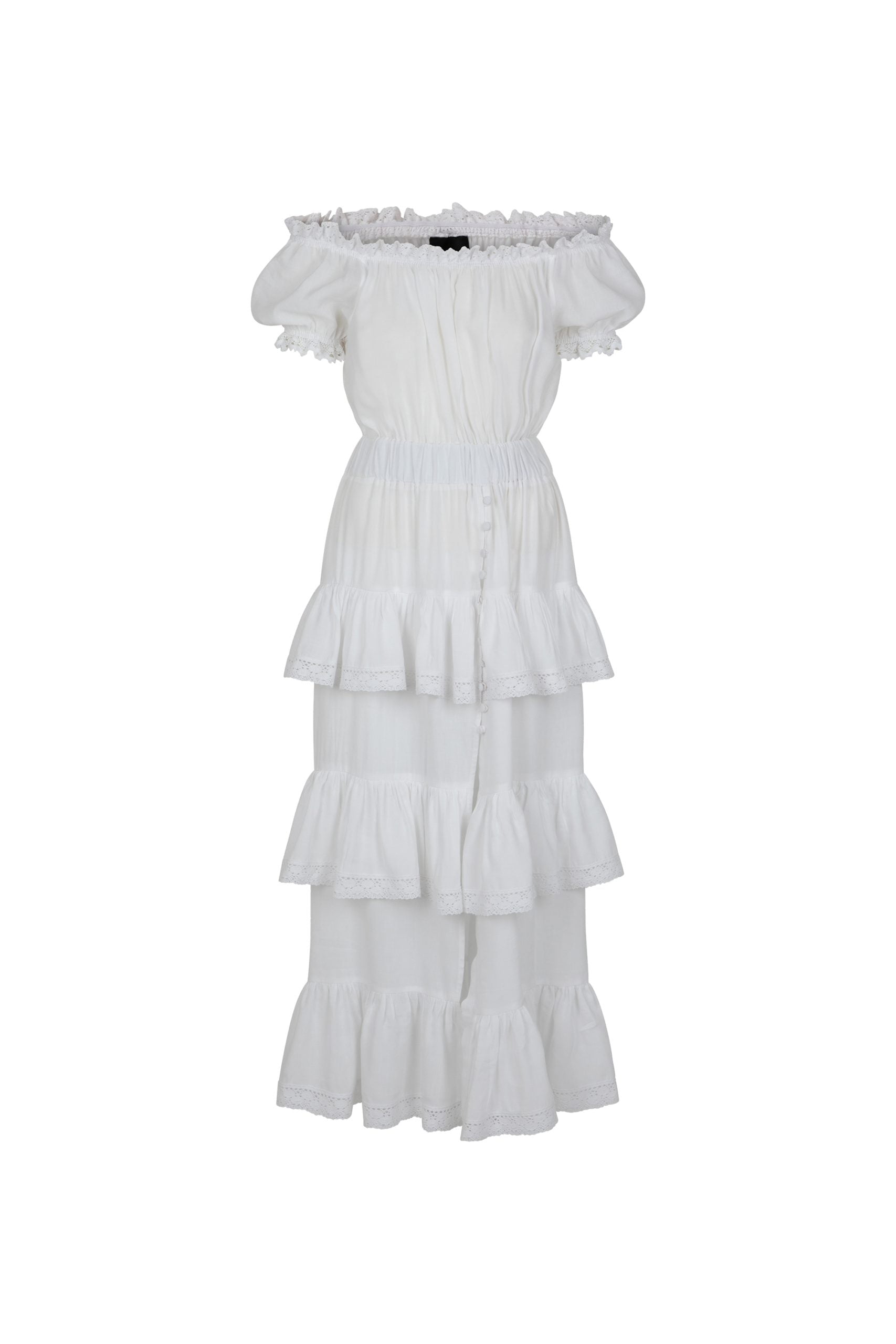 biała sukienka z falbanami i koronką