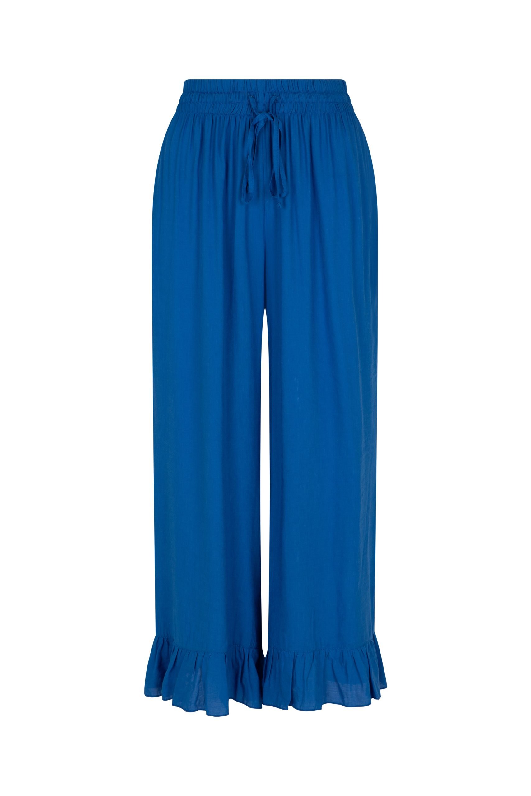 modrakowe spodnie z falbanami