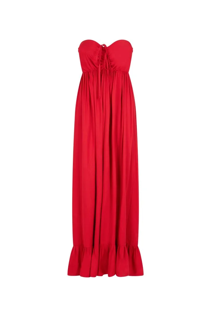 długa sukienka czerwona z falbaną