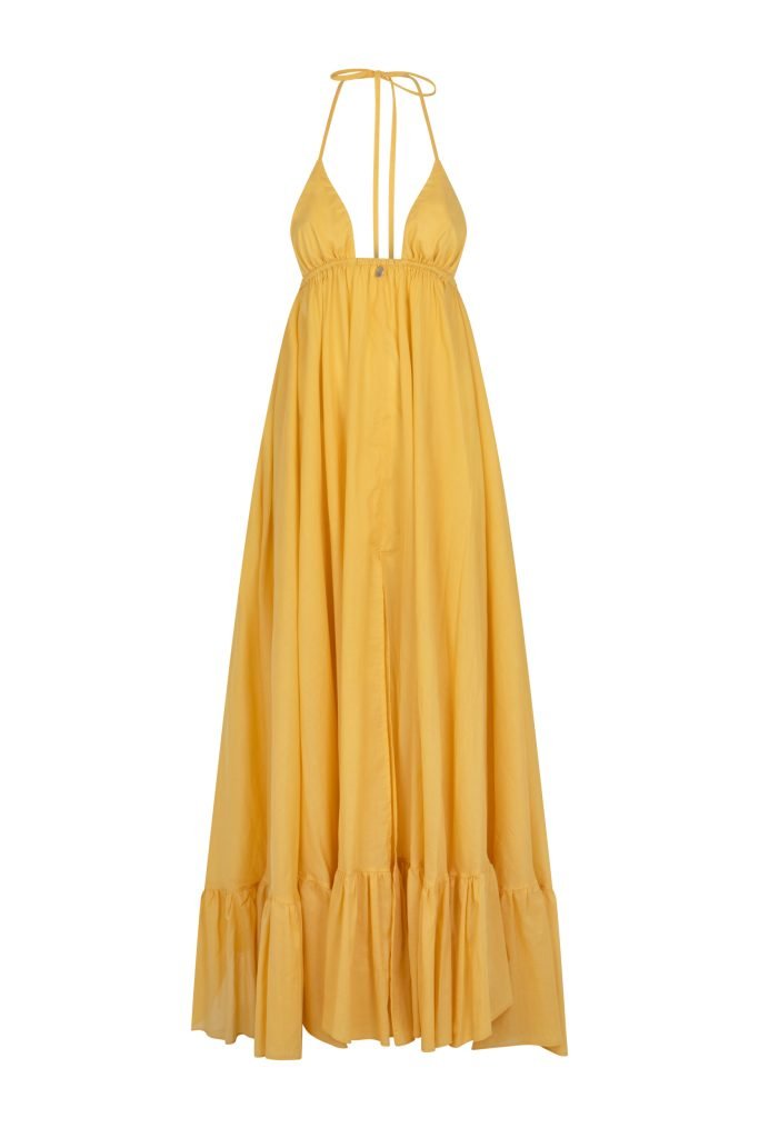 żółta sukienka z wiązaniem na szyi