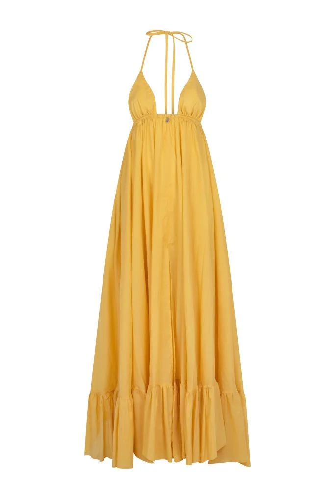 żółta sukienka z wiązaniem na szyi