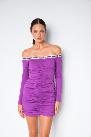 Fioletowa sukienka hiszpanka z marszczeniem