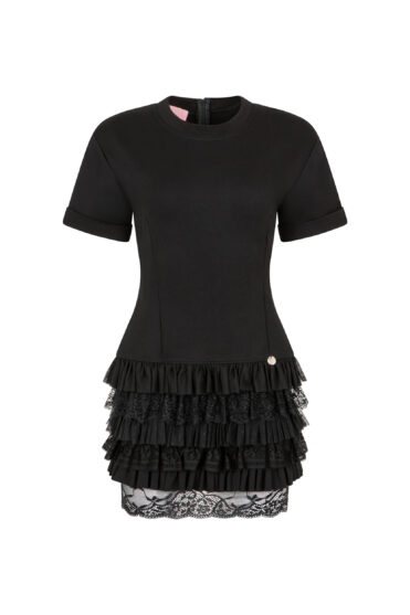 Czarna sukienka damska z koronkowo-tiulowymi falbanami