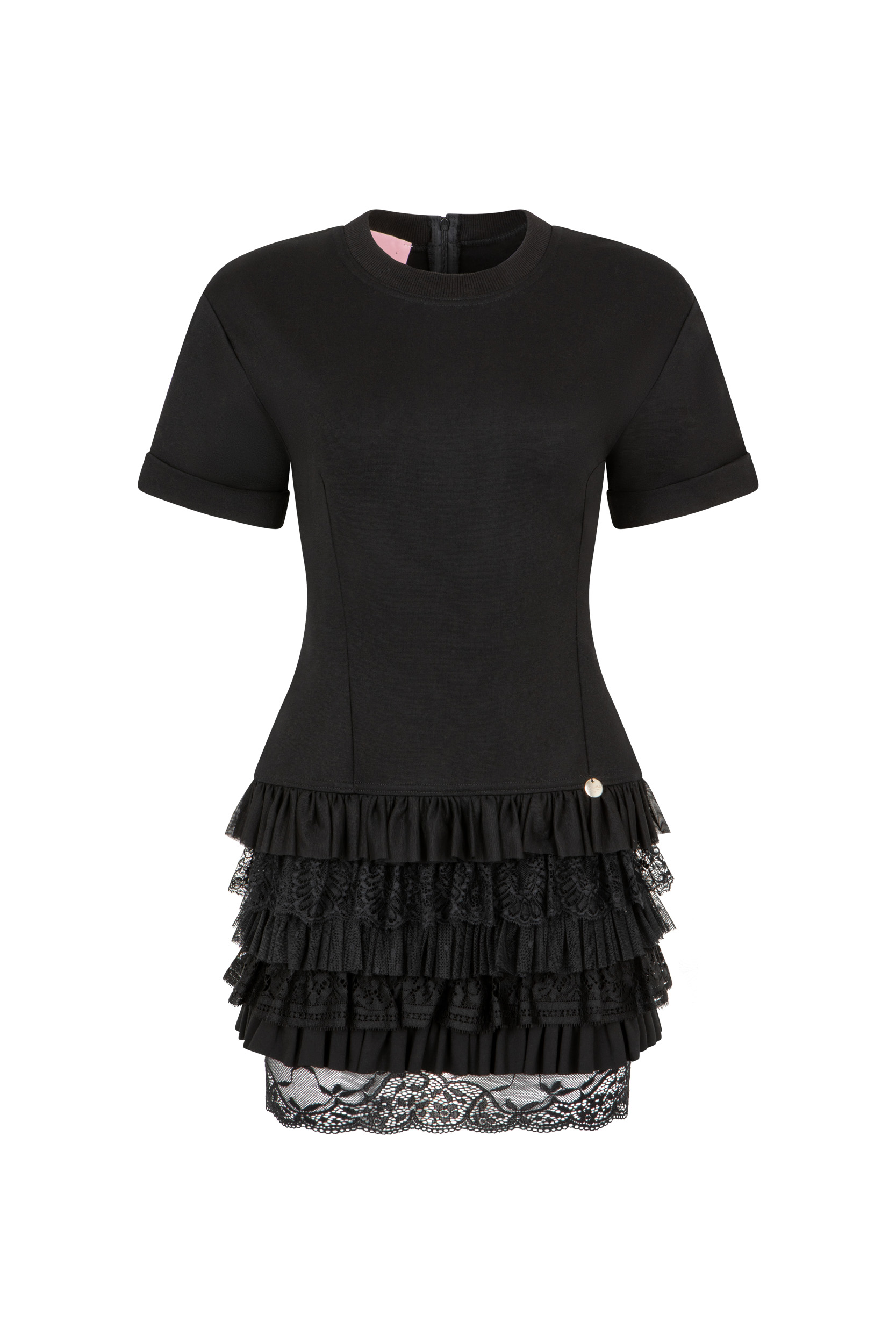 Czarna sukienka damska z koronkowo-tiulowymi falbanami