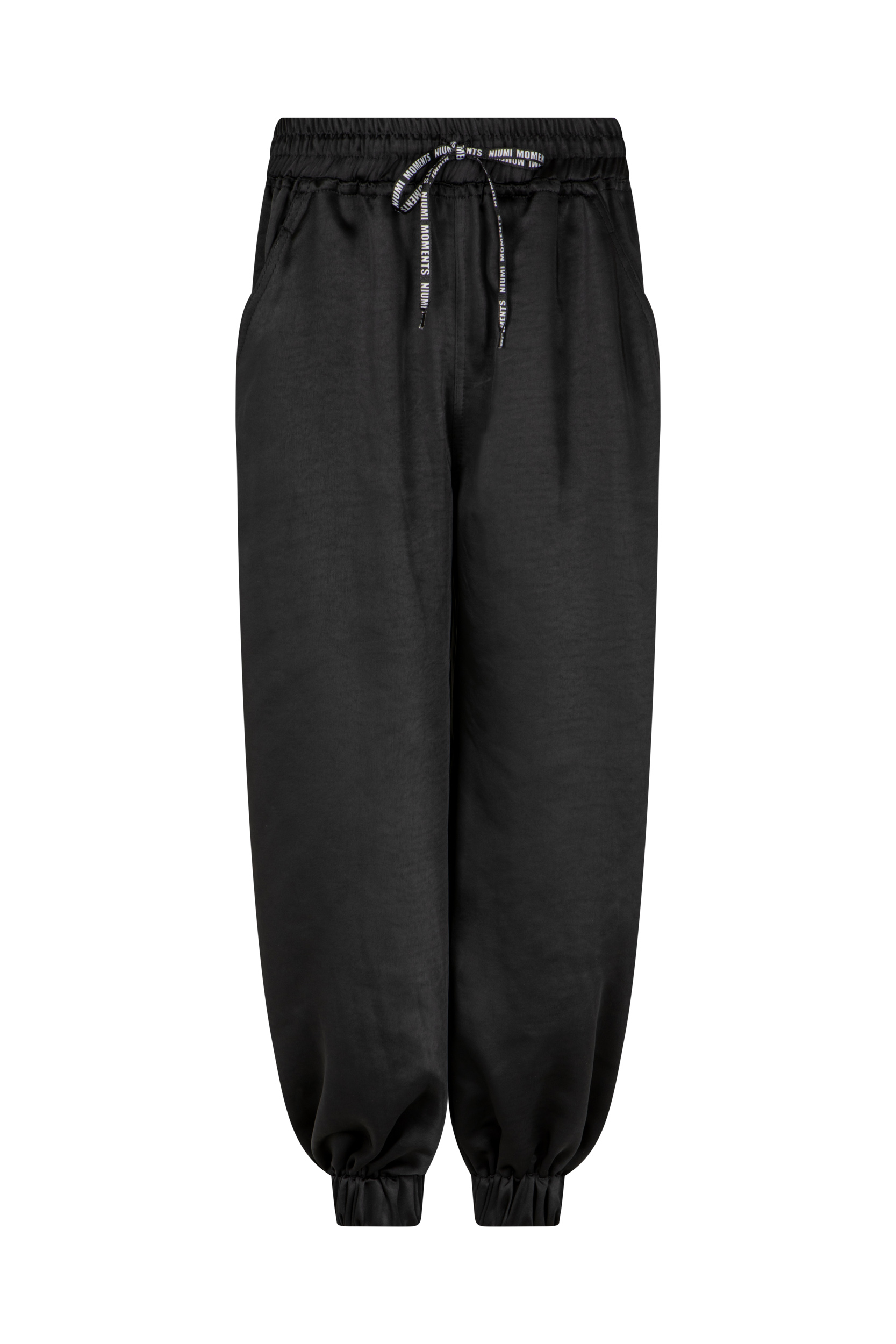 Czarne satynowe spodnie damskie balloon ze ściągaczem