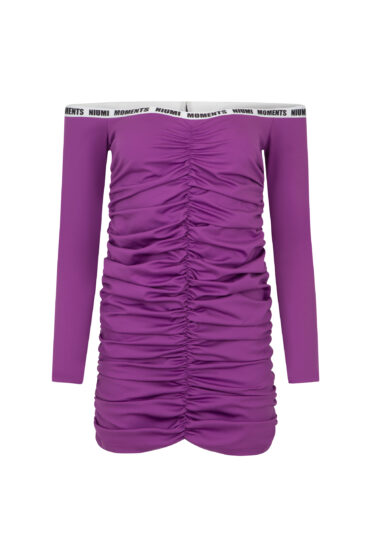 Fioletowa sukienka hiszpanka z marszczeniem