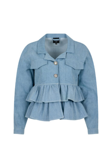 Jeansowa kurtka damska z falbanami