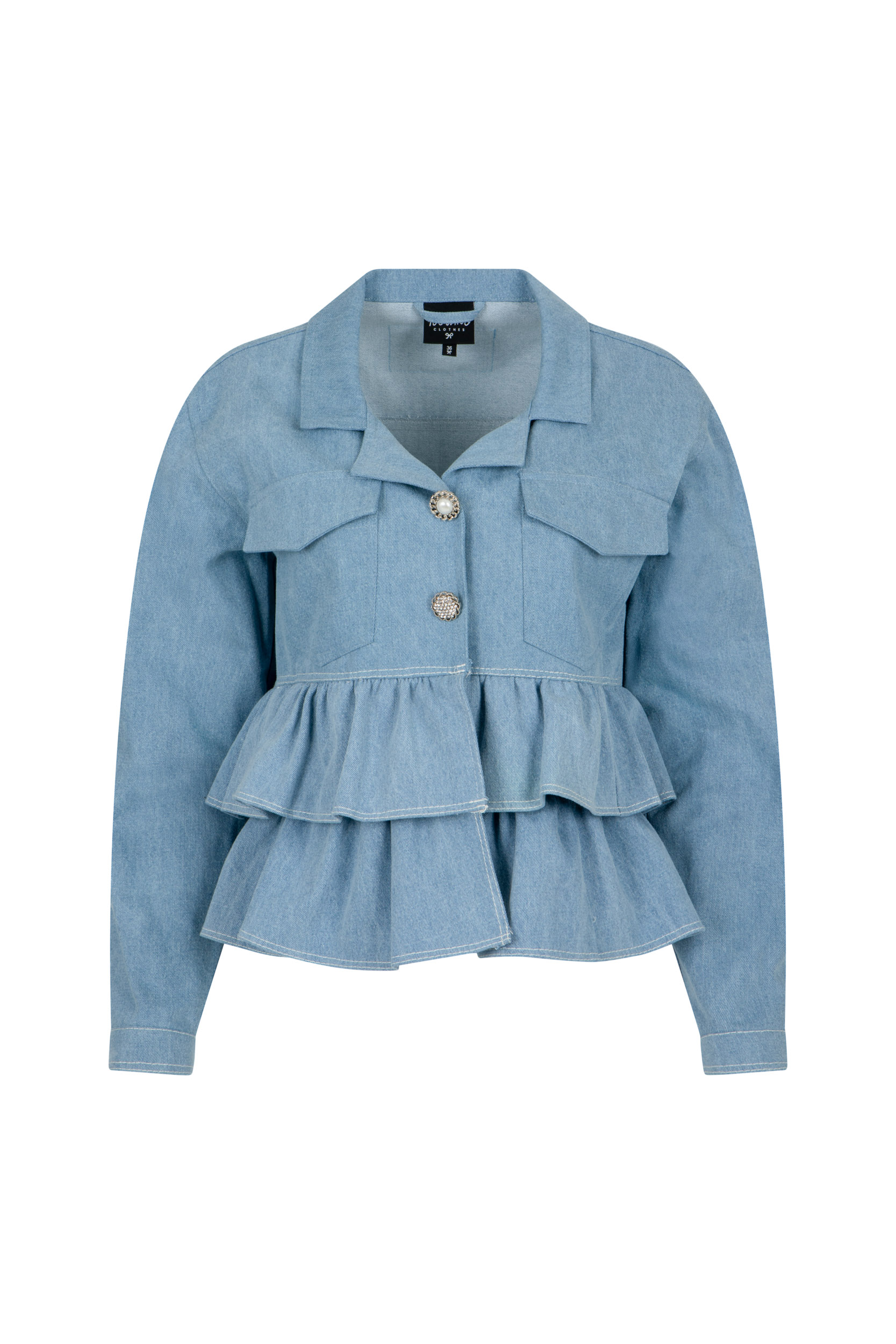 Jeansowa kurtka damska z falbanami