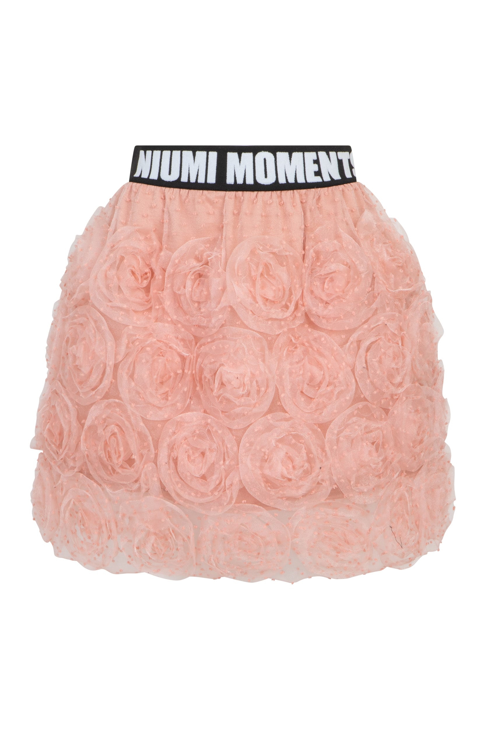 Tiulowa różowa spódnica bombka z różami i logowaną gumą Niumi